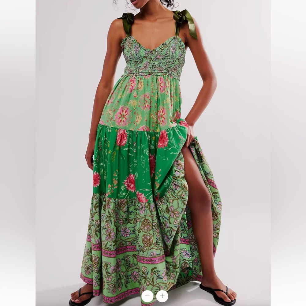 Free People Green Floral Tiered Maxi Dress with Olive Ribbon Ties